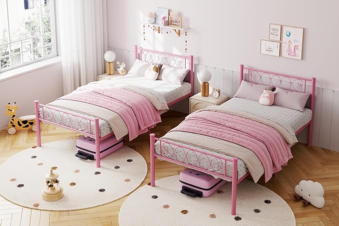 GarveeHome Twin Size Metal Bed Frame with Headboard & Footboard 13.7 Inch Metal Platform Mattress Foundation Support with Strong Metal Slats, Under Bed Storage, No Box Spring Needed