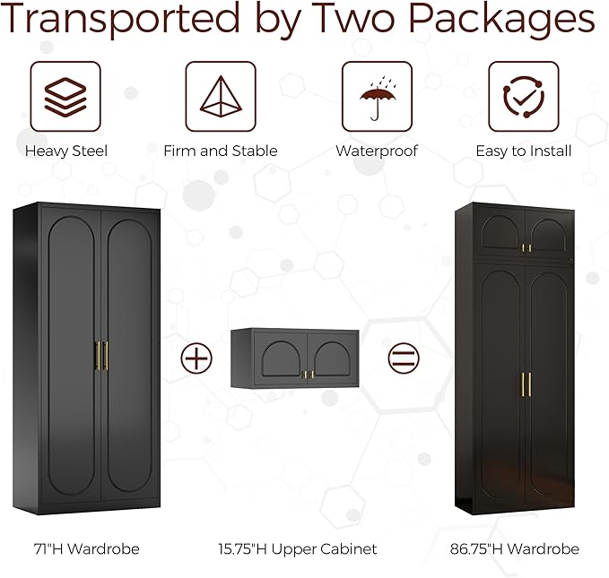 Metal Armoire Wardrobe Closet with Doors, 86" Tall Wardrobe Cabinet with Hanging Rod and Adjustable Shelves, Black Clothing Storage Cabinets for Bedroom, Home Office