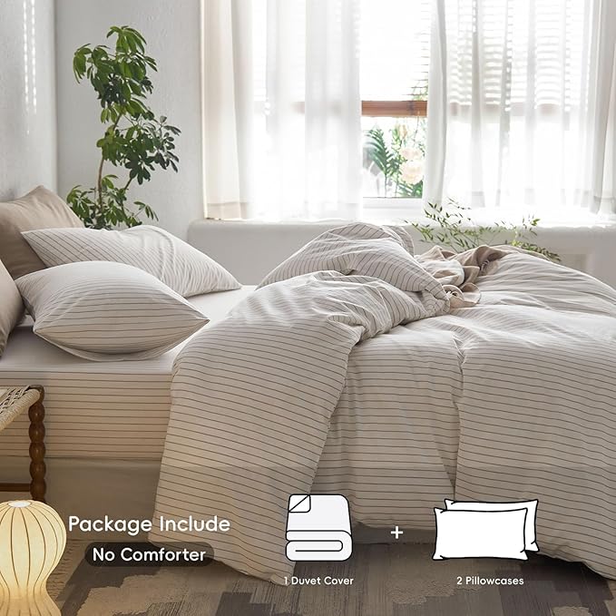 MooMee Striped Duvet Cover Set 100% Washed Cotton Linen Like Textured Breathable Durable Soft Comfy (White Tannish Linen Grey Wide Stripes, King 104"x90")