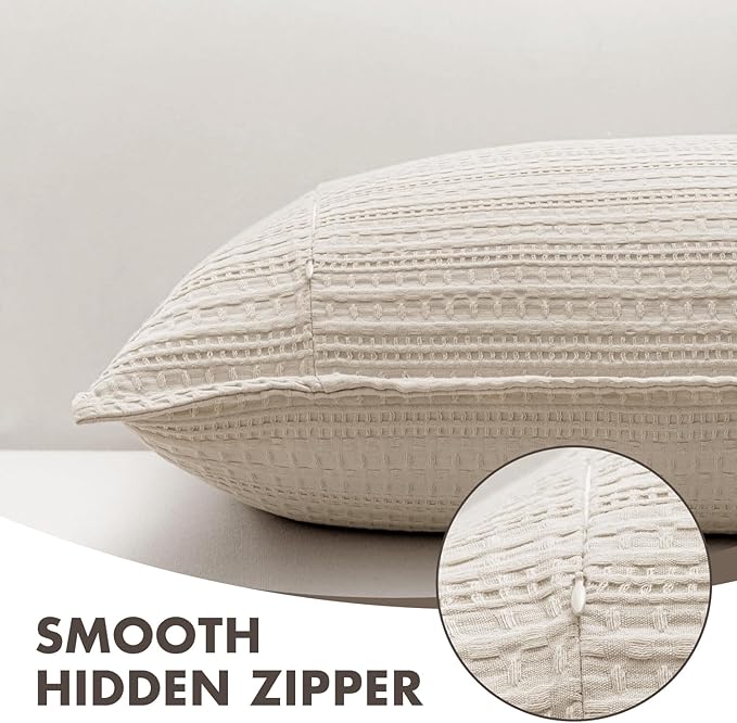 100% Cotton Waffle Pillow Shams Standard Size, 2 Pack 20x26 Decorative Pillow Covers for Bed Couch Sofa, Neutral Weave Cushion Cases Modern Farmhouse Home Decor, Oatmeal