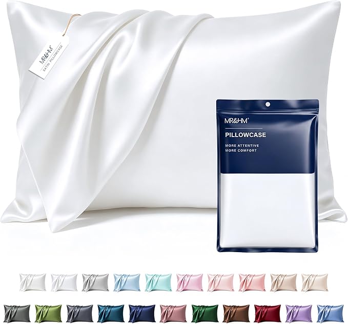 MR&HM Satin Pillowcase for Hair and Skin, Silk Satin Pillowcase 2 Pack, Standard Size Pillow Cases Set of 2, Silky Pillow Cover with Envelope Closure (20x26, White)