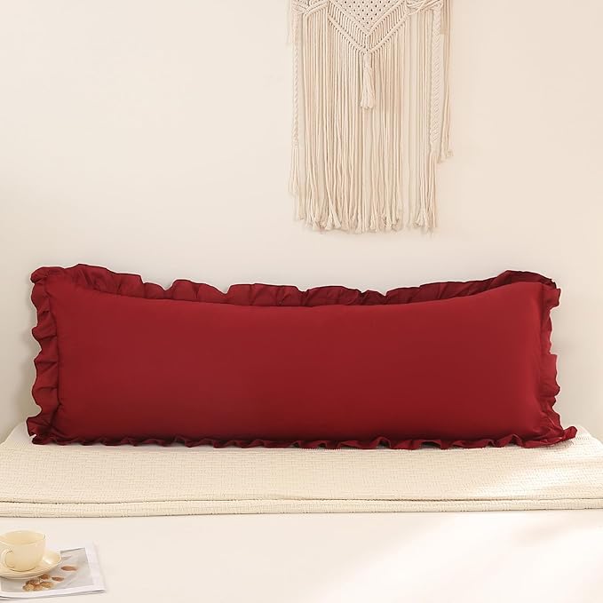 Burgundy Body Pillow Cover 20x54inches Long Pillowcase Ruffled Pillowcases Shabby Chic Ruffled Fringe Decor Body Ruffled Pillow Sham Cute Pillowcase (1 Body, Burgundy)