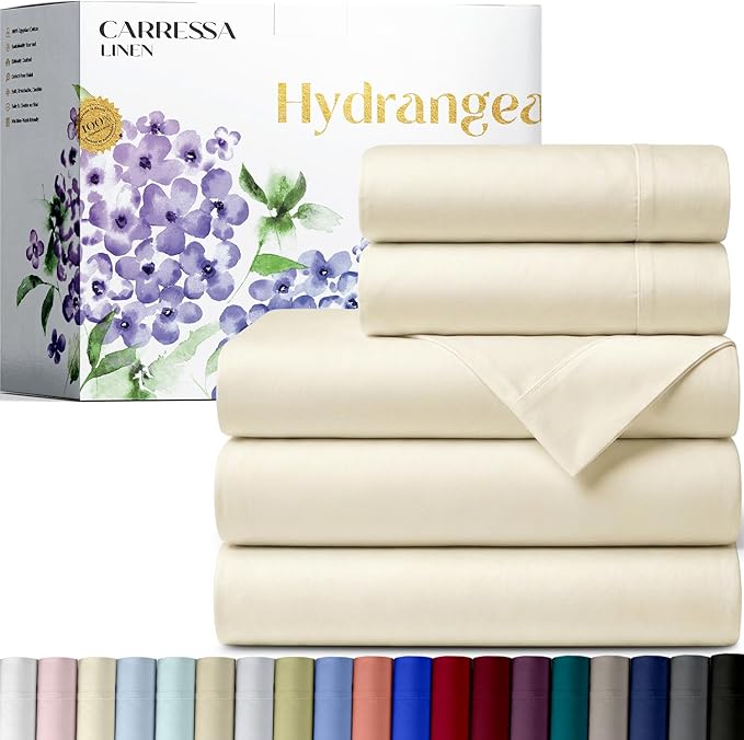 Carressa Linen 100% Egyptian Cotton Split King Sheets Sets for Adjustable Bed - 600 Series Hydrangeas Collection 5 PC Ivory Top Split King Sheets, 16" Deep Pocket Sheet for Adjustable Bed