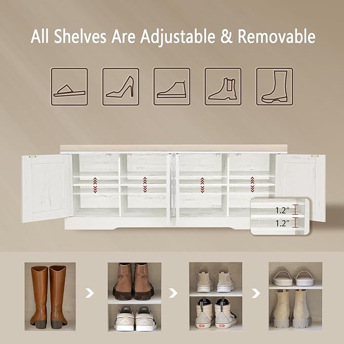 DINZI LVJ Shoe Bench, Entryway Storage Bench with Doors, Cushion, 2-Tier Shoe Rack with 8-Cubby, 47.2”L x 13.8”W Farmhouse Shoe Organizer Cabinet, Adjustable Shelf, Living Room, Bedroom, Rustic White
