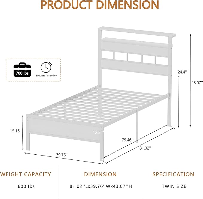 Furnulem Twin Bed Frames with Charging Station and LED Lights, Twin Size Platform Bed with Metal Slats, Wood Headboard with 2-Tier Storage Shelves, No Box Spring Needed, White