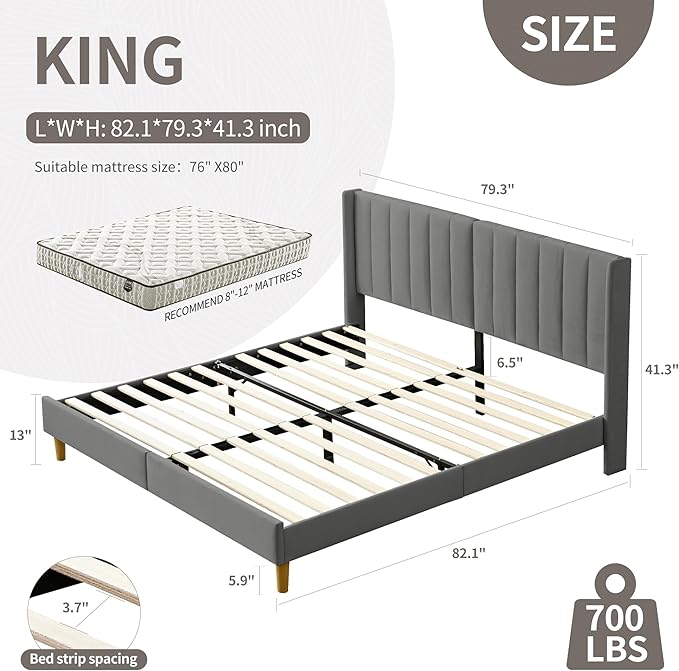 YUHUASHI upholstered Platform Bed Frame/King Bed Frame/Modern Geometric Double-Wing Design headboard/Velvet Fabric/Easy to Assemble no Noise (Grey, King (U.S. Standard))