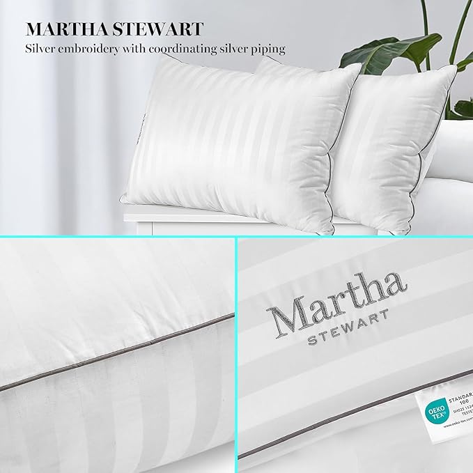 Martha Stewart Hotel Collection Pillow 500 Thread Count Damask Stripe Embroidered Feathers Soft Hypoallergenic 100% Cotton King Size Set of 2