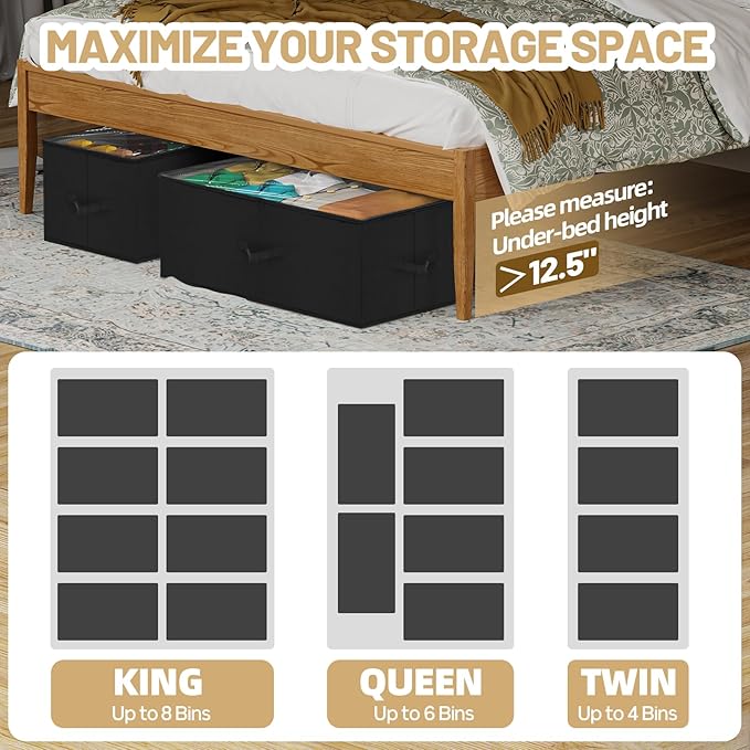 Large Under Bed Storage Containers, 12 inch Tall Underbed Storage Bins with Clear Lids, Deep Under Dorm Bed Storage Drawers Organizer for Shoes, Clothes, Blankets (2 Pack, Black, 31.5"x16"x12")