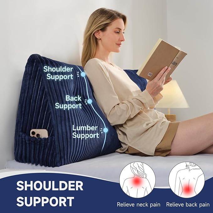 Z-hom Large Headboard Pillow Twin, NO ROLL Pillow, Wedge Pillow Headboard for Sitting Up in Bed, Backrest Support Triangular Cushion for Reading, Gap Pillow w/Removable Washable Cover,Blue
