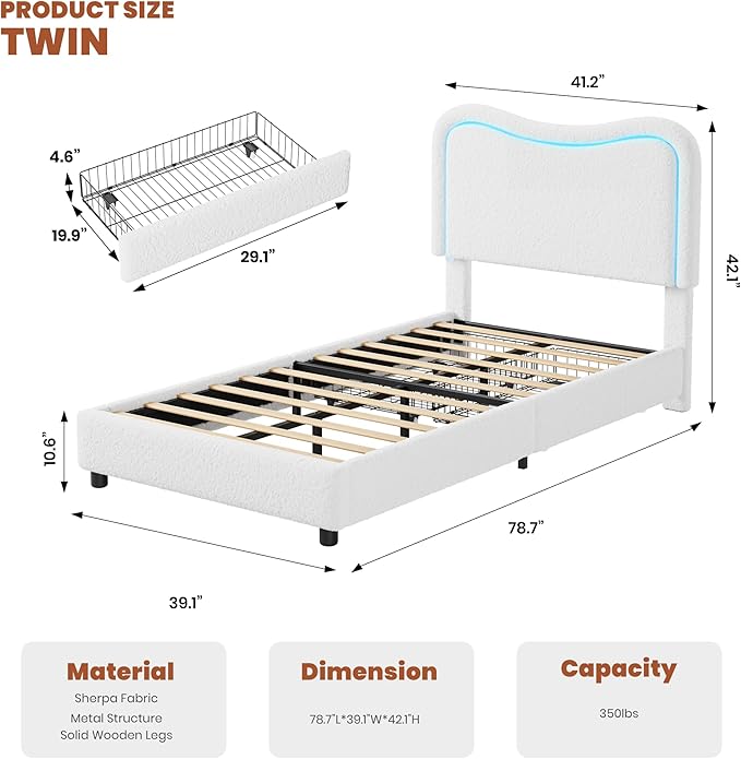 GarveeHome Upholstered LED Twin Bed Frames for Kids with 2 Drawers and Headboard, Cute Twin Bed with Storage for Girls, Boys, Sturdy Platform Bed, No Box Spring Needed, Wooden Slats, Noise, White