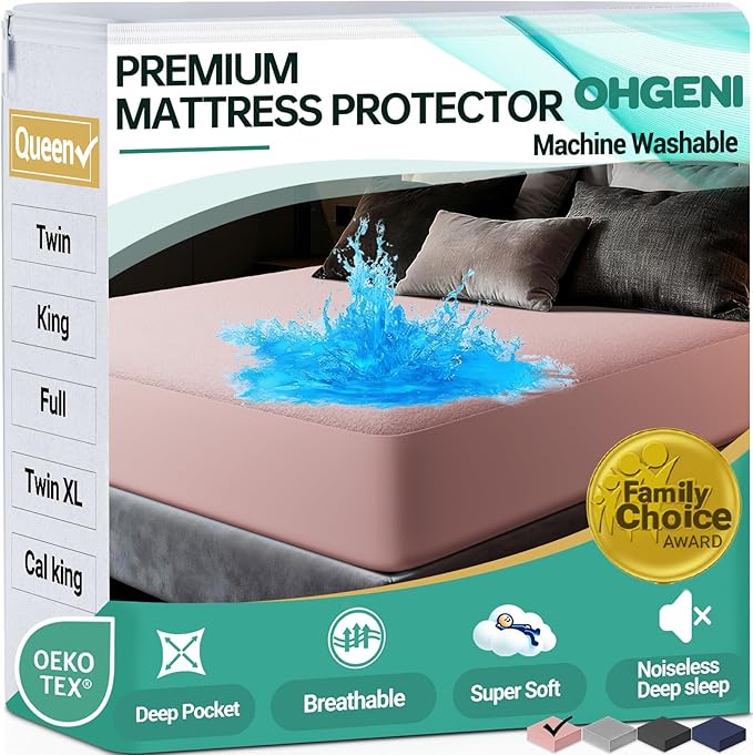 OhGeni 100% Waterproof Mattress Protector, Queen Size Pink, Fitted Sheet with Deep Pockets, 6''-18'', Premium Noiseless Breathable Soft Material, Mattresses Cover for Bed