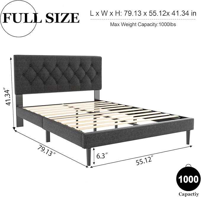 HAOARA Full Size Platform Bed Frame with Upholstered Button Tufted Headboard, Mattress Foundation with Wooden Slat Support, Noise Free, No Box Spring Needed, Easy Assembly, Dark Grey