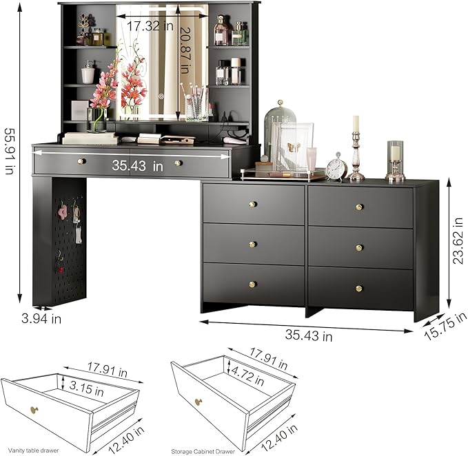 Ieejdn Makeup Vanity Desk with Mirror and Lights, Vanity Desk with 8 Drawers & Storage Shelves, Vanity Table with Power Outlet, 3 Color Modes & Adjustable Brightness Dressing Table, Bedroom,Black