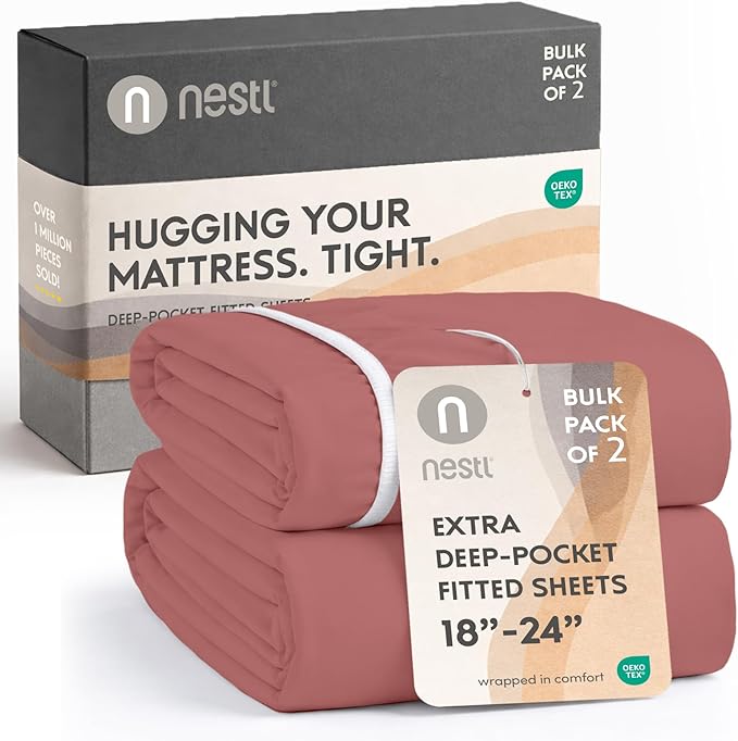 Nestl 2 Pack Pink Clay Fitted Sheet Extra Deep Pocket, Hotel Luxury FullFitted Sheet Only Easily Fits 18 to 24 Inch Mattress, Super Soft, Wrinkle-Free and Breathable with Corner Straps