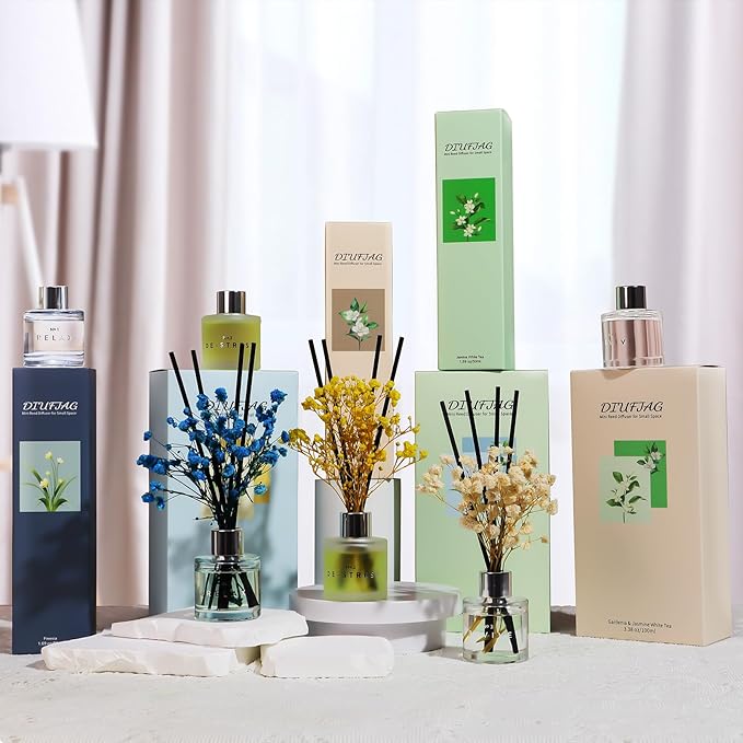 Freesia Jasmine White Tea Reed Diffuser Set, 3.4 oz Scent Diffuser with Dried Flower for Bathroom Small Place, Last up to 60 Days