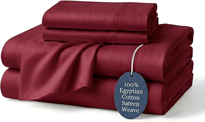 100% Egyptian Cotton Sheets California King Burgundy - Luxury Hotel Collection Sheet Set, Cooling & Breathable Sateen Weave, Anti Pilling Extra Long Staple Cotton, 16" Deep Pocket - 4Pc