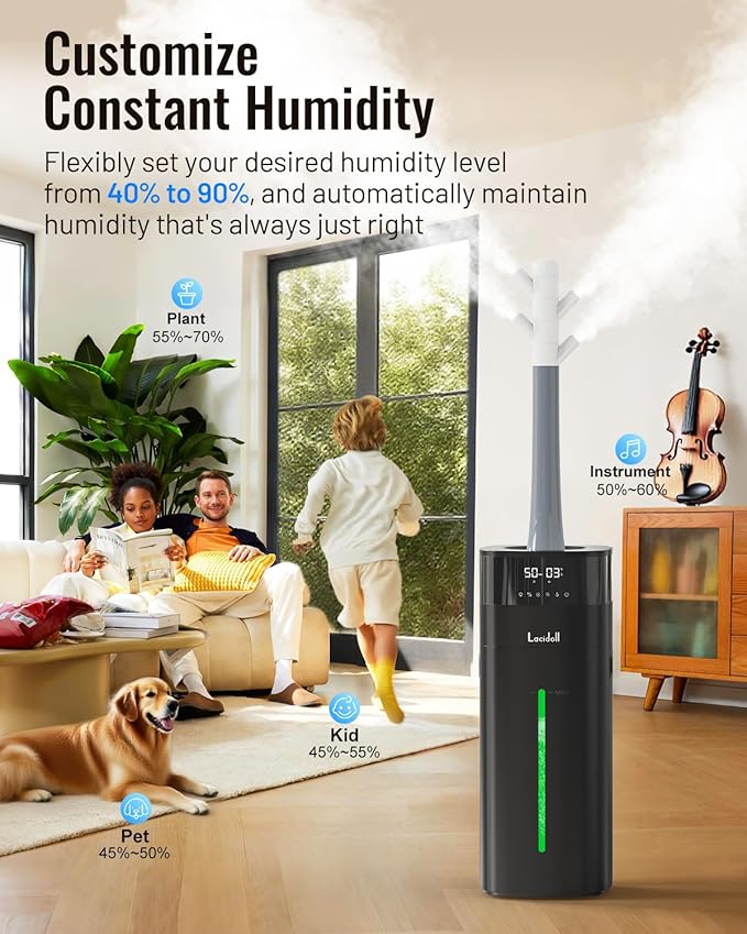 Lacidoll Humidifier Large Room, 5.3Gal/20L Humidifiers for Home 2500 sq ft, Cool Mist Whole House Humidifiers with Diffuser Extended Tube, Top Fill Air Humidifier for Bedroom Nursery Baby Plants Black