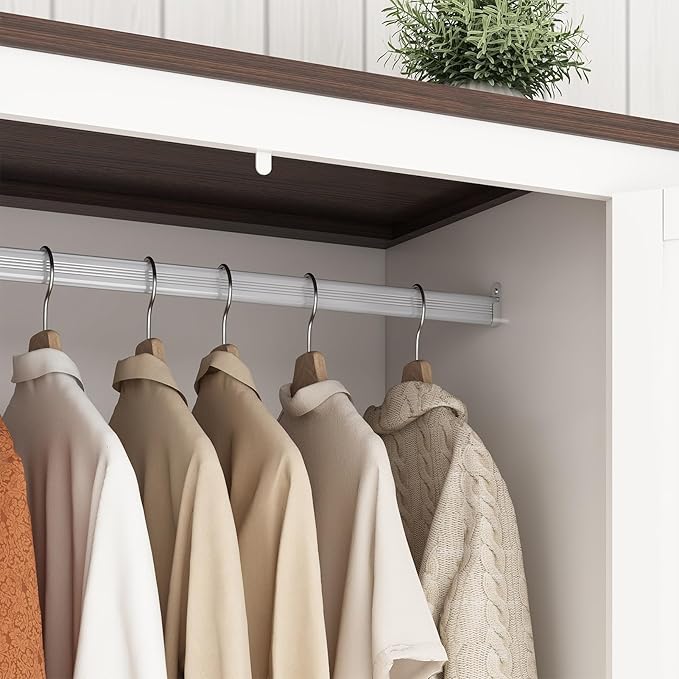 Hlivelood 3 Doors Wardrobe Armoire Closet with Doors and Drawers, Farmhouse Wooden Armoire Storage Cabinet with Shelves & Hanging Rod for Bedroom, White