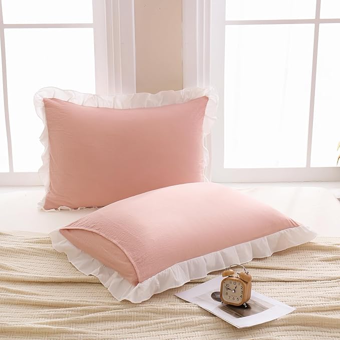 Merryword Pink Pillow Shams Standard Pillowcases 20x26inch Pink and White Reversible Cute Pillow Cover Set of 2 Soft Shabby Chic Ruffled Pillowcases