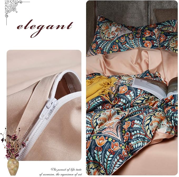 VM VOUGEMARKET Boho Duvet Cover Queen,Paisley Flower Printed Long Staple Cotton Duvet Cover with 2 Pillowcases,Retro Damask Medallion Bedding Set-3 Pieces 90"x90"