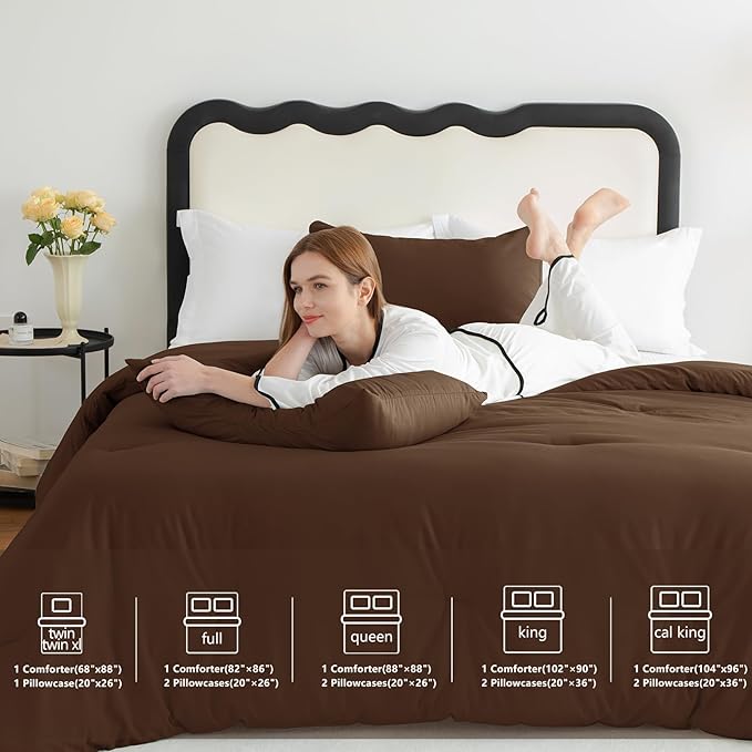 CozyLux Full Size Comforter Set Brown, 3 Pieces Solid Breathable Quilted Bedding Sets, Luxury Lightweight Soft Bed Set with Down Alternative Comforter and 2 Pillowcases for All Seasons