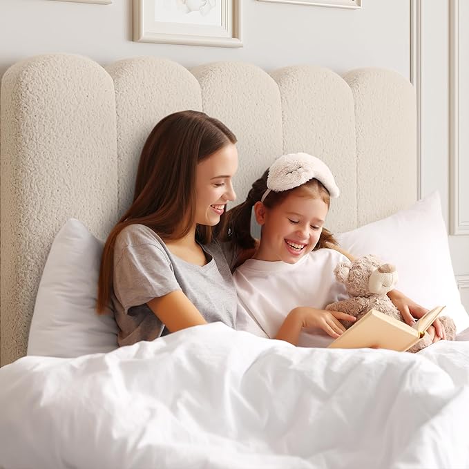 GarveeHome Twin Bed Frame with Under-Bed Drawer, Upholstered Platform Bed with Wave Headboard for Kids/Girls, Wooden Slats Support, No Box Spring Needed, Boucle White