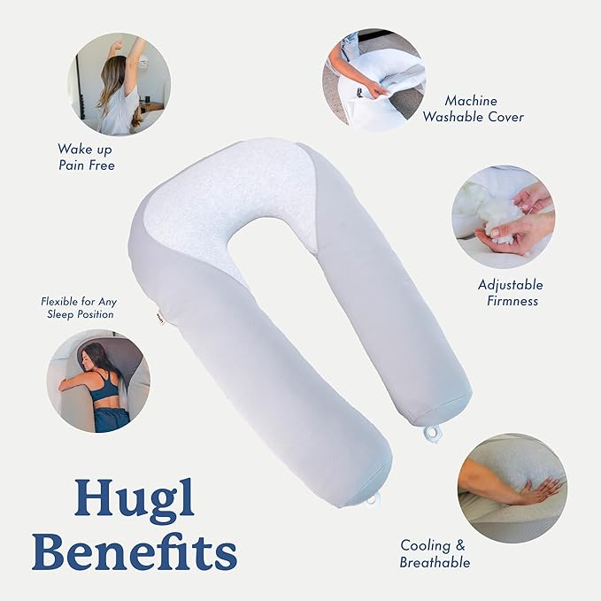 Plufl Hugl Cooling Body Pillow & Breeze Cooling Blanket Set | U-Shaped Memory Foam Pillow for Side Sleepers & Pregnancy | Lightweight Cooling Comforter for Hot Sleepers | Washable Covers | White