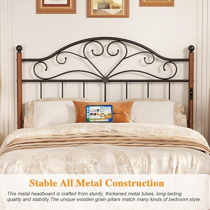 Merronix Queen Size Headboard with Charger Stations, Vintage Metal Headboard Only Farmhouse Retro Freestanding Black Wooden-Painting Headboard for Queen Bed Frame, Height Adjustable, Easy Assembly