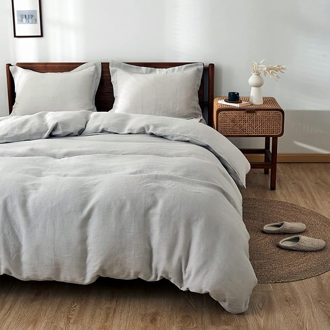 Simple&Opulence 100% Linen Duvet Cover Set 2pcs Basic Style Natural French Washed Flax Solid Color Soft Breathable Farmhouse Bedding with Button Closure - Light Grey, Twin