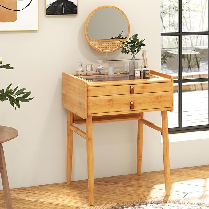 CHARMAID Bamboo Vanity Desk with 360° Rotating Mirror, Glass Top & 2 Drawers, Natural Makeup Vanity Table with Deep Storage Alcove, Small Space Dressing Table for Bedroom