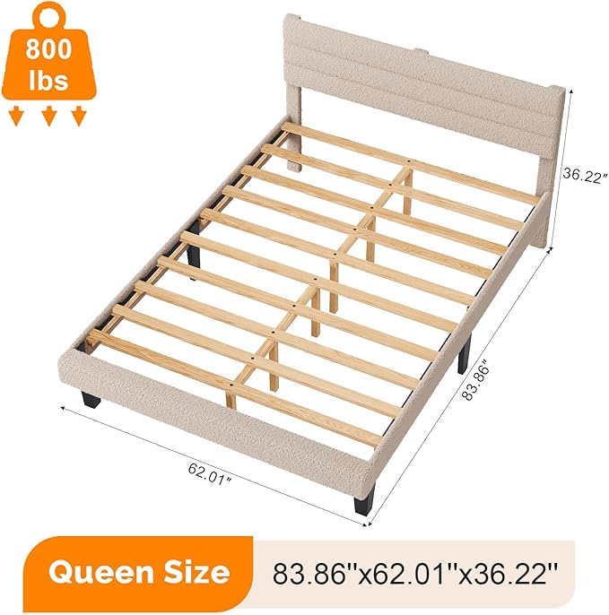 VINGLI Queen Bed Frame with Headboard, Upholstered Boucle Bed Frame,Cozy Low Profile Platform Bed with Wooden Slats and Fabric Adjustable Headboard, Mattress Foundation, Cream, Noise Free,Beige