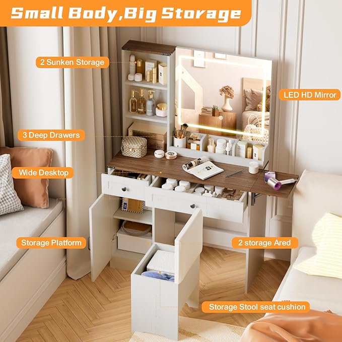 KAMABOKO Vanity Desk with Mirror, LED Lights and Power Outlet, Makeup Vanity Table with Cabinet and 2 Drawers, Dressing Table with Stools for Bedroom (Brown)