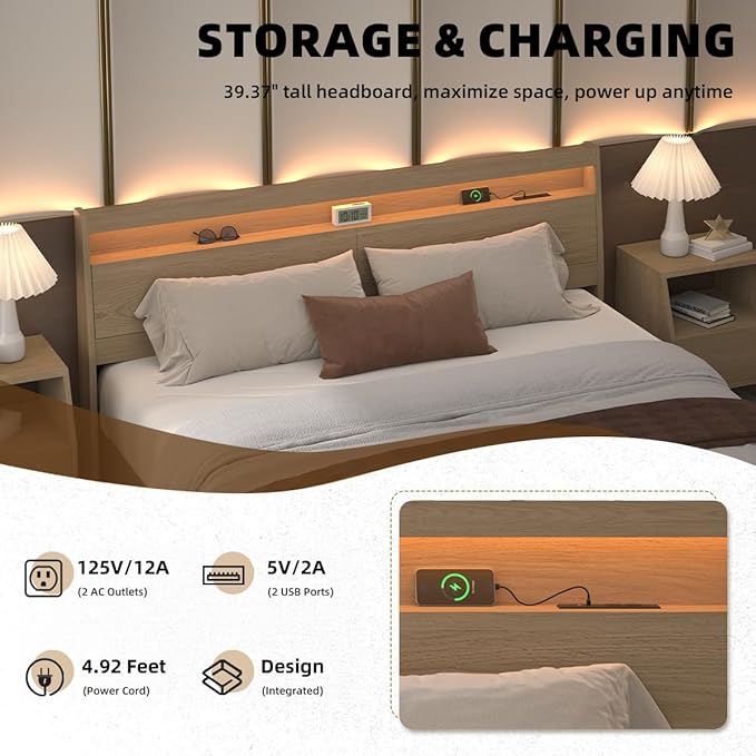 Wooden Headboard Only with Storage, Skirting Groove for Enhanced Stability, Built-in Power Outlet, 2 USB Ports & LED Light - Solid Wood Leg Sturdy Stable Bed Backboard (Oak, King)