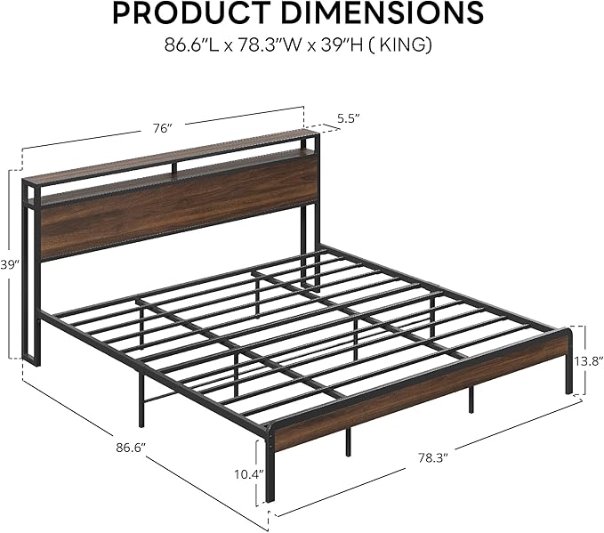 LIKIMIO King Bed Frame with Headboard, Dark Wood Camas King with Strong Supports, Sturdy, Noise-Free, No Box Spring Needed, Dark Walnut