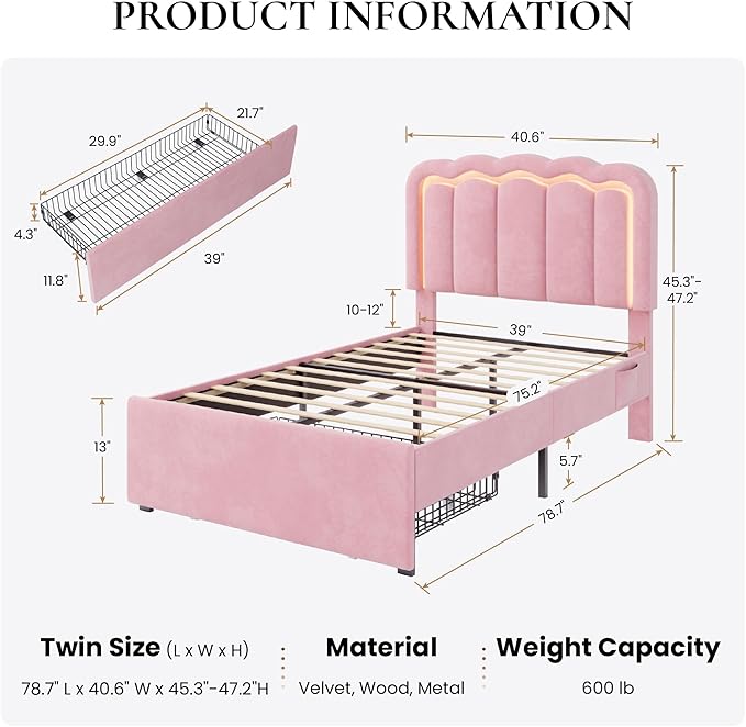 SHA CERLIN Upholstered Twin Size Bed Frame with LED Lights and Large Storage Drawer, Velvet Platform Bed with Adjustable Wavy Headboard, Noise Free, Easy Assembly, No Box Spring Needed, Soft Pink