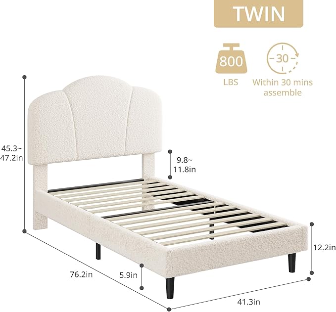 LIKIMIO Twin Size Bed Frame Set of 2, Upholstered Twin Platform Bed with Headboard Lamb Velvet Twin Beds, No Box Spring Needed with 800LBS Sturdy Wooden Slats Support, Noise Free, Easy Assembly, White