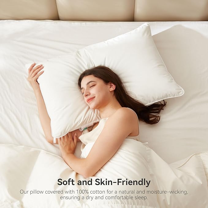 Goose Feather Down Pillows Queen Size Set of 2, Soft Pillows with 100% Organic Cotton Fabric, Luxury Hotel Quality Bed Pillow 2 Pack for Sleeping, Breathable & Fluffy (20" x 30")