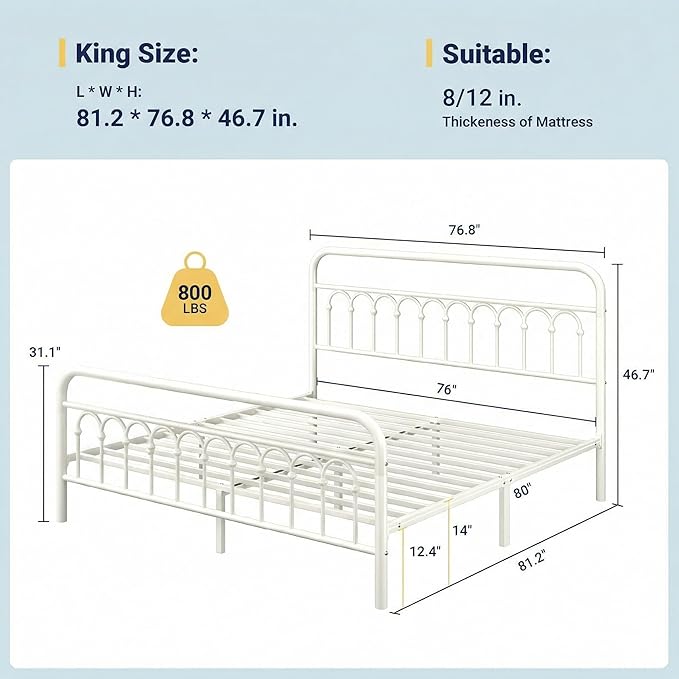 Allewie 14 Inches King Size Metal Platform Bed Frame with Victorian Style Curved Iron-Art Headboard/Footboard, Easy Assembly, Under Bed Storage, No Box Spring Required, Cream White
