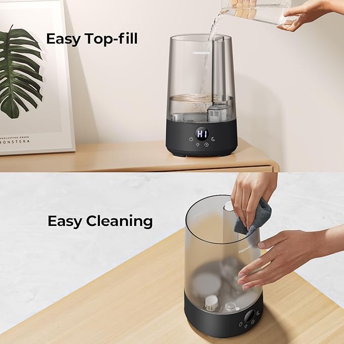 Homvana Humidifiers for Bedroom Home, 3.6L Cool Mist Top-Fill 34H Super Long Time, Quiet 23dB, Baby Humidifier, Oil Diffuser for Large Room, House, Plant, Nursery, Office, BPA FREE, Ultrasonic (Black)