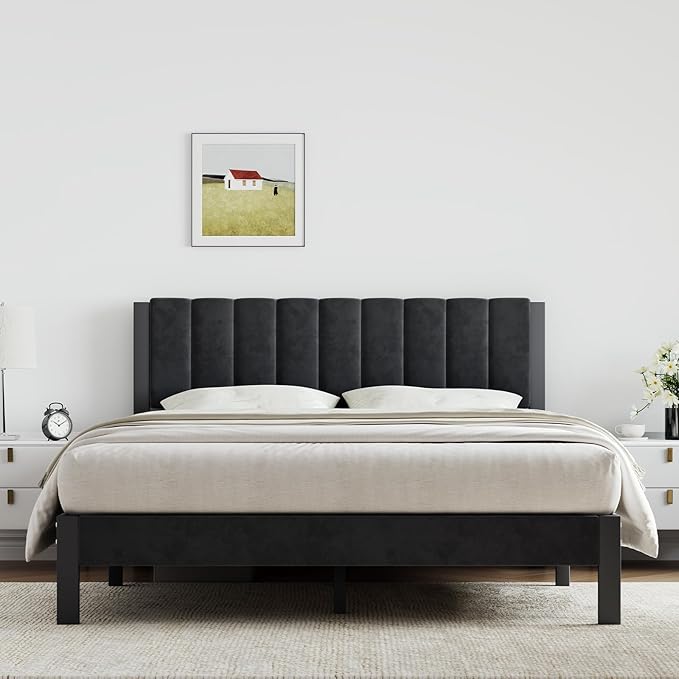 Novilla Queen Bed Frame with Piano Keys Headboard and Footboard, Metal Platform Bed Frames Queen Size, No Box Spring Needed, Easy Assembly, Steel Slats Support, Velvet Black