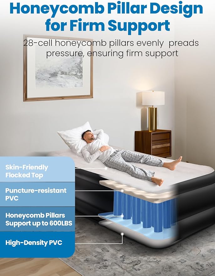 CHERIMOR Full Size Air Mattress with Built-in Pump, 18" Raised Comfort, 48Hr Leak-Proof Test, Upgraded Honeycomb Pillar Design, Supports 600 lbs, 2.5-Min Inflation for Home Guest Room Camping