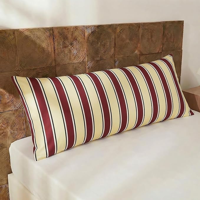 Merryword Body Pillowcases, 100% Cotton Body Pillow Cover, Burgundy & Cream Striped Pillowcases, Luxury Linen Like Pillowcase, Soft Breathable Stripes Pillow Cover