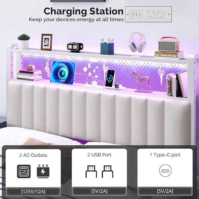 VINGLI King Size Headboard for Bed,Upholstered Headboards with Storage, Charging Stations and LED Lights, 2 Tier Shelves and Pegboard, Modern Bed Head Board, Adjustable Height, White