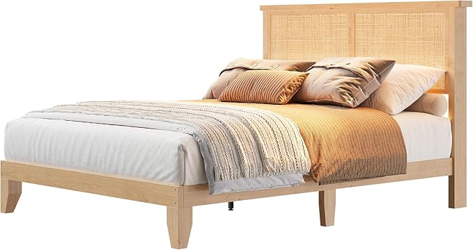 Garvee Queen Size Rattan Bed Frame, Bohemian Queen Rattan Bed Frame with Natural Headboard, Platform Queen Size Bed with Wooden Legs, LED Lights, No Box Spring Needed