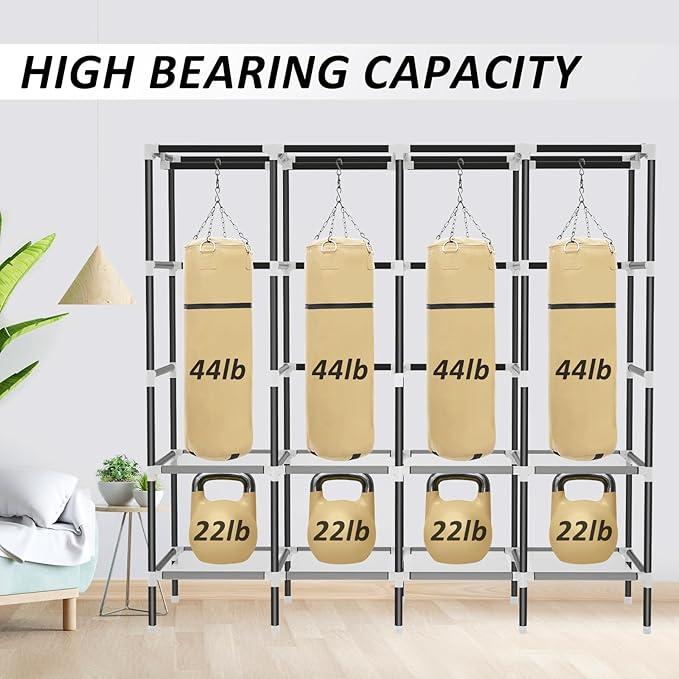 LOKEME Wardrobe Closet,Portable Closet for Bedroom Steel Pipe Diameter 19mm Strong and Sturdy Beige Portable Closets for Hanging Clothes with 3 Hanging rods, 6 Storage Shelves and Side Pocket