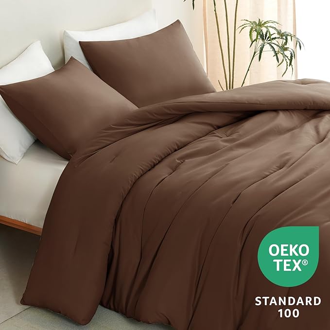 CozyLux Full Size Comforter Set Brown, 3 Pieces Solid Breathable Quilted Bedding Sets, Luxury Lightweight Soft Bed Set with Down Alternative Comforter and 2 Pillowcases for All Seasons