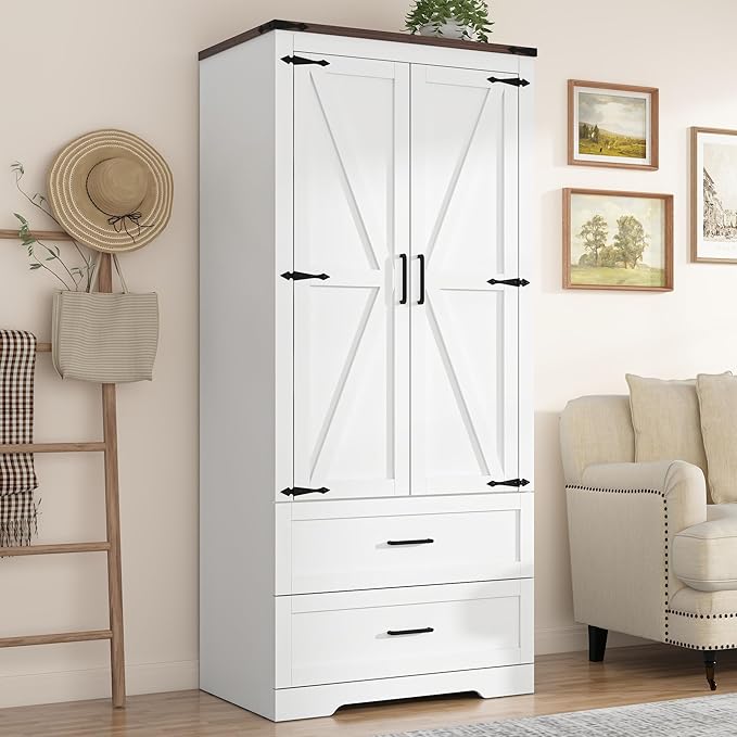St.Mandyu Farmhouse Wardrobe Armoire Closet with 2 Doors and 2 Drawers, 70.1" Wooden Clothing Storage Cabinet, Freestanding Large Capacity Storage Wardrobe Armoire with Hanging Rod for Bedroom, White