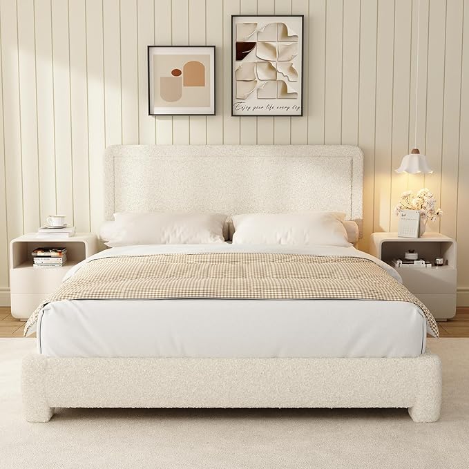 WEUP Queen Size Boucle Bed Frame, Modern Cream Bed Frame with Headboard, Soft Rounded Corners, No Box Spring Required, Adjustable Headboard, Easy Assembly