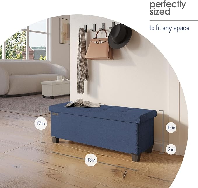 Storage Ottoman Bench with Bins, 43-in Storage Bench for Bedroom End of Bed, Folding Foot Rest Ottoman for Living Room Max 660lbs, Fabric Ottomans, Blue