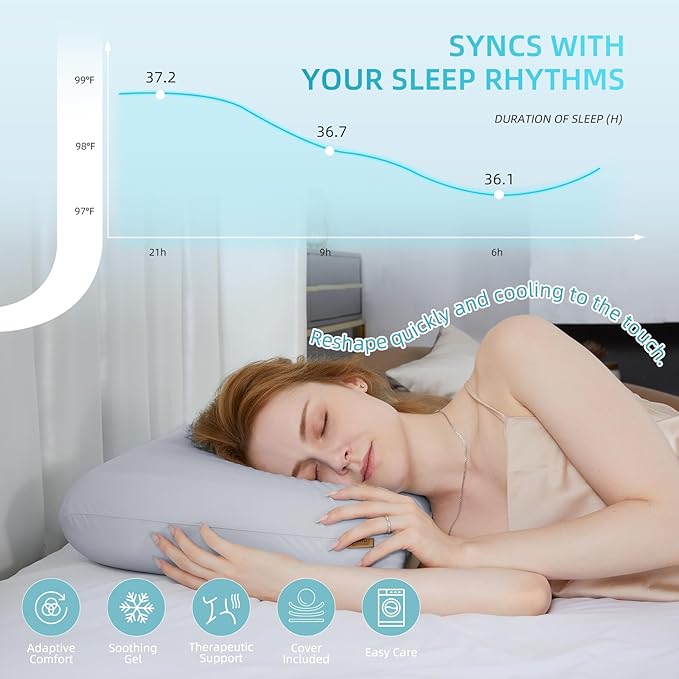 SAPHREAS Cooling Gel Memory Foam Pillow for Sleeping, Standard Size 4In Cool Bed Pillow for Side, Back and Stomach Sleepers, Removable & Machine Washable, Light Grey